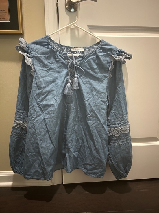 See And Be Seen Tops - Light Blue Tassel Tie Lace-Trim Peasant Blouse